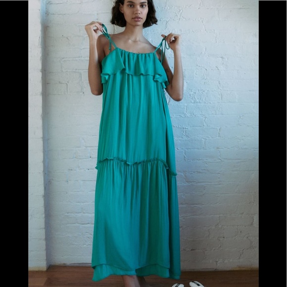 Zara Turquoise Long Ruffle Dress SZ XS - Picture 2 of 6